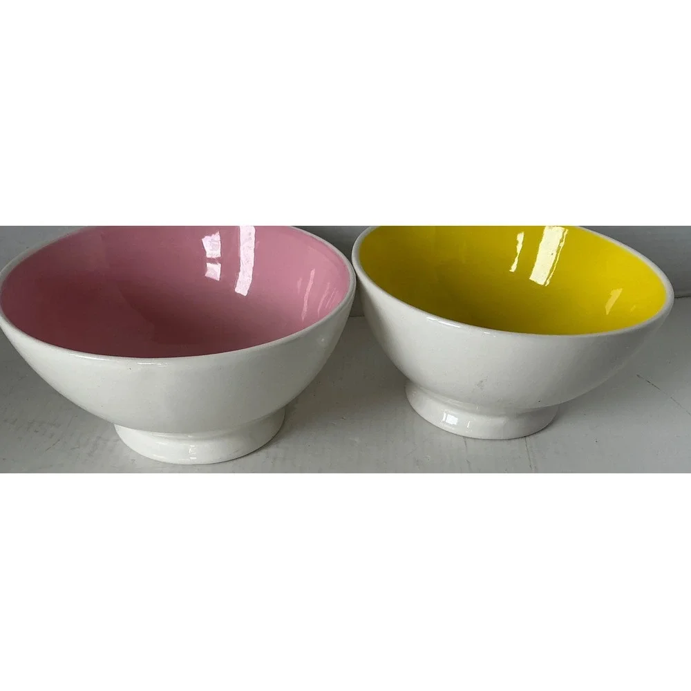 Rae Dunn Ceramic Tropical Bowls Flamingo Pineapple Set of 2 Pink Yellow Footed